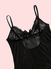 Sexy Lace Teddy with Deep V Mesh and Bow Lingerie