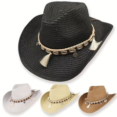 Breathable Sunshade Cowboy Hat with Seashells & Tassel Belts