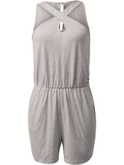 Solid Drawstring Waist Romper Jumpsuit Sleeveless