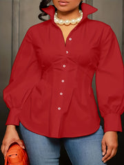 Button Up Lantern Sleeve Blouse