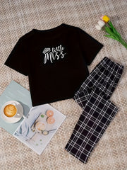 Letter Print Pajama Set Short Sleeve Crew Neck Top Plaid Pants