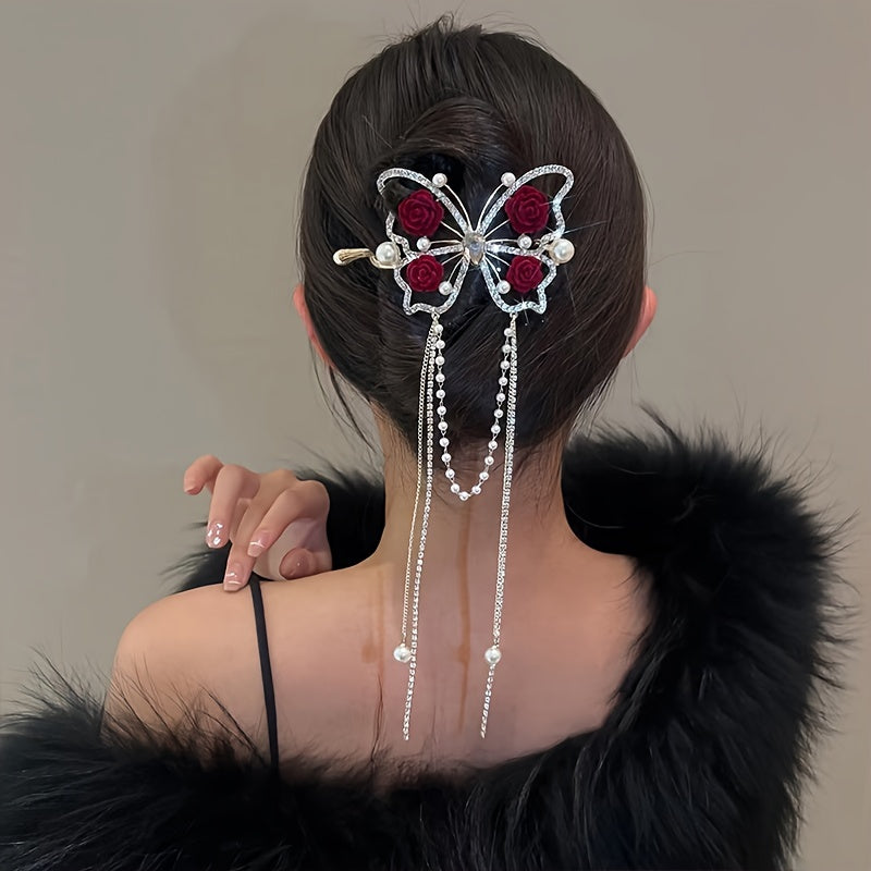 Girl's Tassel Rose Flower Barrette Vintage Rhinestone Hair Clip