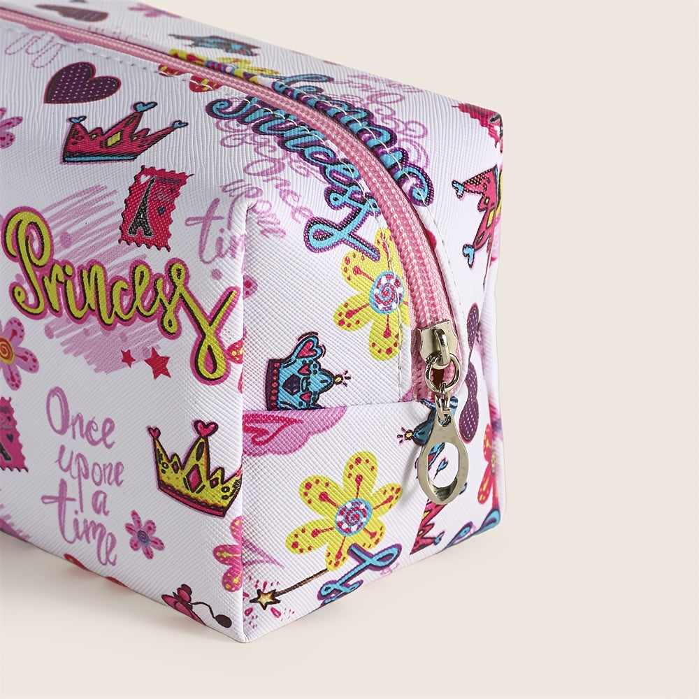 Flower Crown Diamond Pattern Makeup Bag Roomy Square PU Style Makeup Pouch