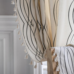 Boho Linen Striped Print Semi Blackout Cream Curtains With Beige Tassel