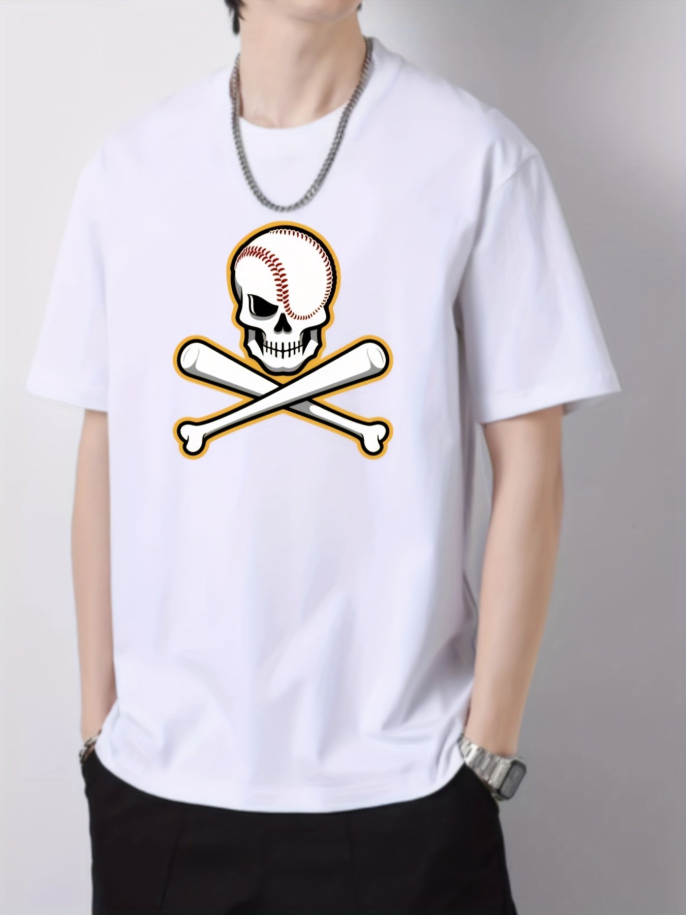 Funny Baseball Skeleton Print Men's Cotton Graphic Crew Neck Active T shirt