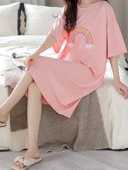 Rainbow Print Pullover Pajama Dress Mid Sleeve Nightgown