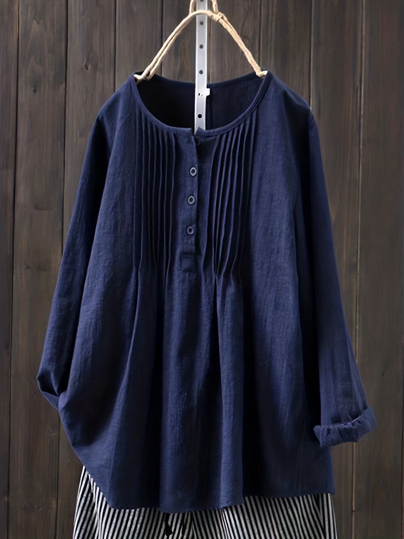 Casual Blouse Women's Solid Half Button Plicated Long Sleeve Top