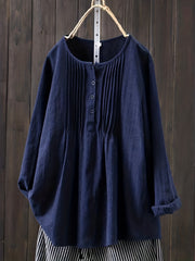 Casual Blouse Women's Solid Half Button Plicated Long Sleeve Top