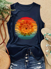 Sunflower Print Round Neck Tank Top for Women