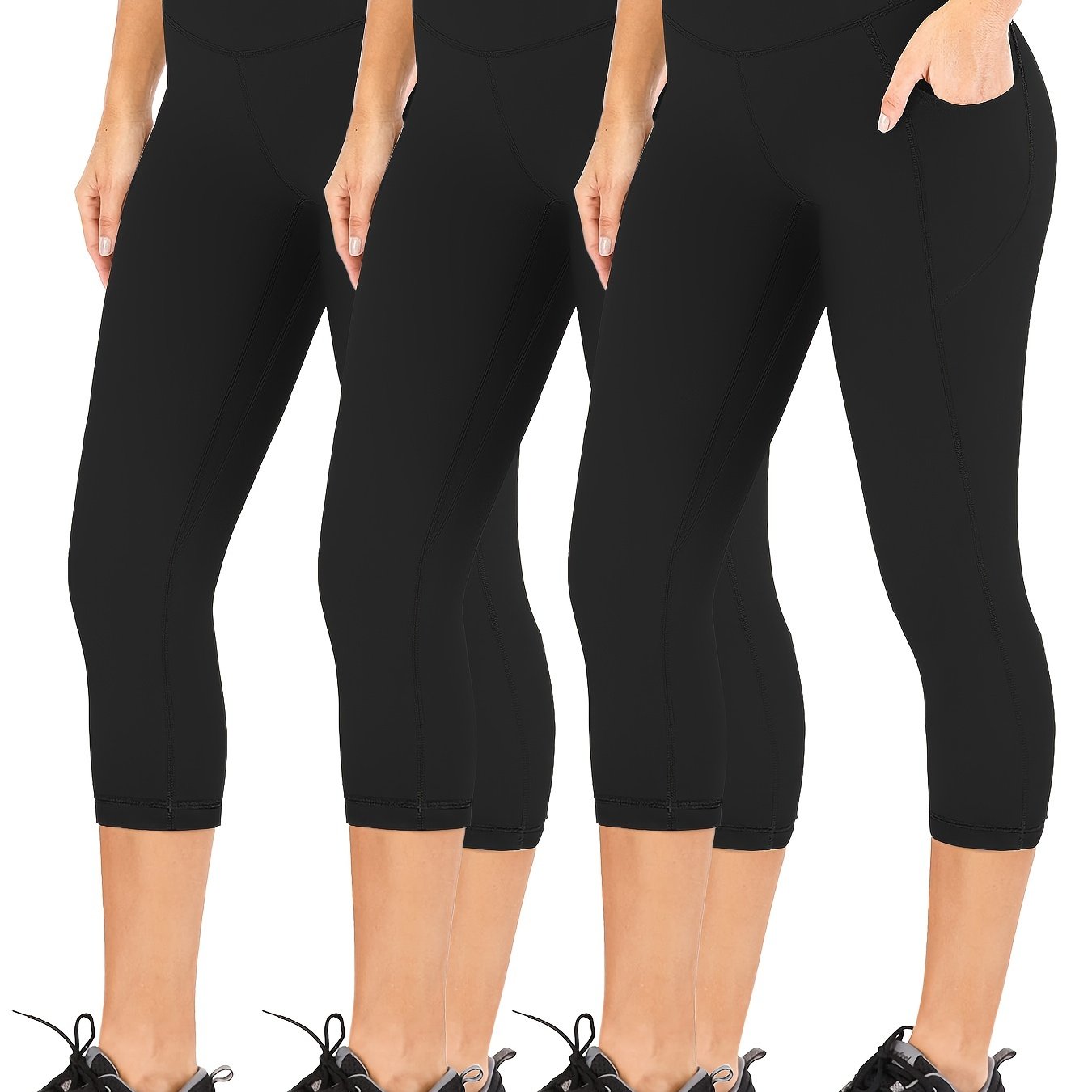 3Pcs Slim Fit Capris Yoga Pants Mid Stretch With Side Pocket
