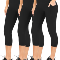 3Pcs Slim Fit Capris Yoga Pants Mid Stretch With Side Pocket