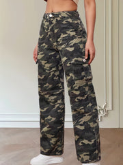Camo Wide Leg Straight Jeans Flap Pockets Non Stretch Denim Pants