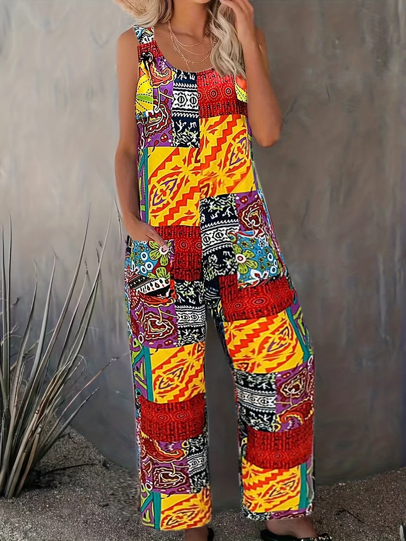 Boho Patchwork Print Overall Jumpsuit for Spring & Summer