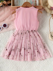 Girls Floral Print Lace Mesh Dress Kids Summer Clothing