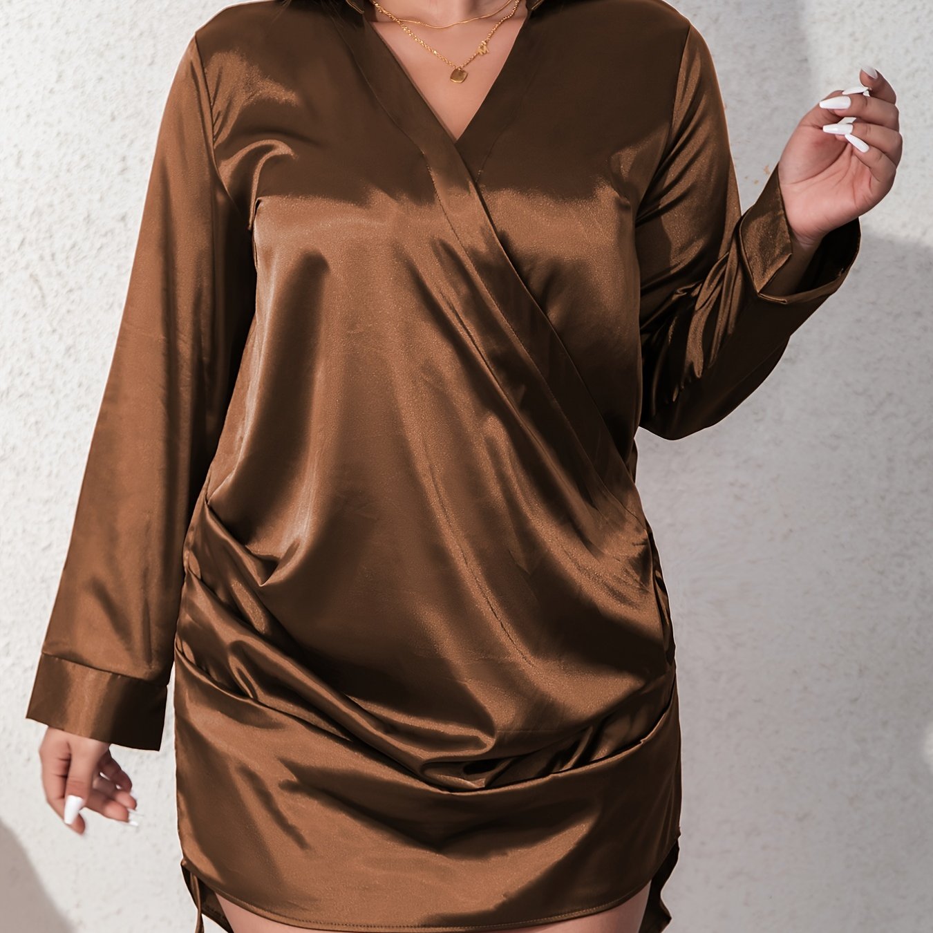 Satin V-Neck Long Sleeve Wrap Midi Dress