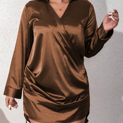 Satin V-Neck Long Sleeve Wrap Midi Dress