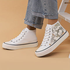 Girl's High Top Cats Pattern Skate Shoes Comfy Non Slip Casual Lace Up Sneakers