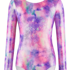 Girls 3D Starry Sky Graphic Crew Neck Long Sleeve Ballet Leotard