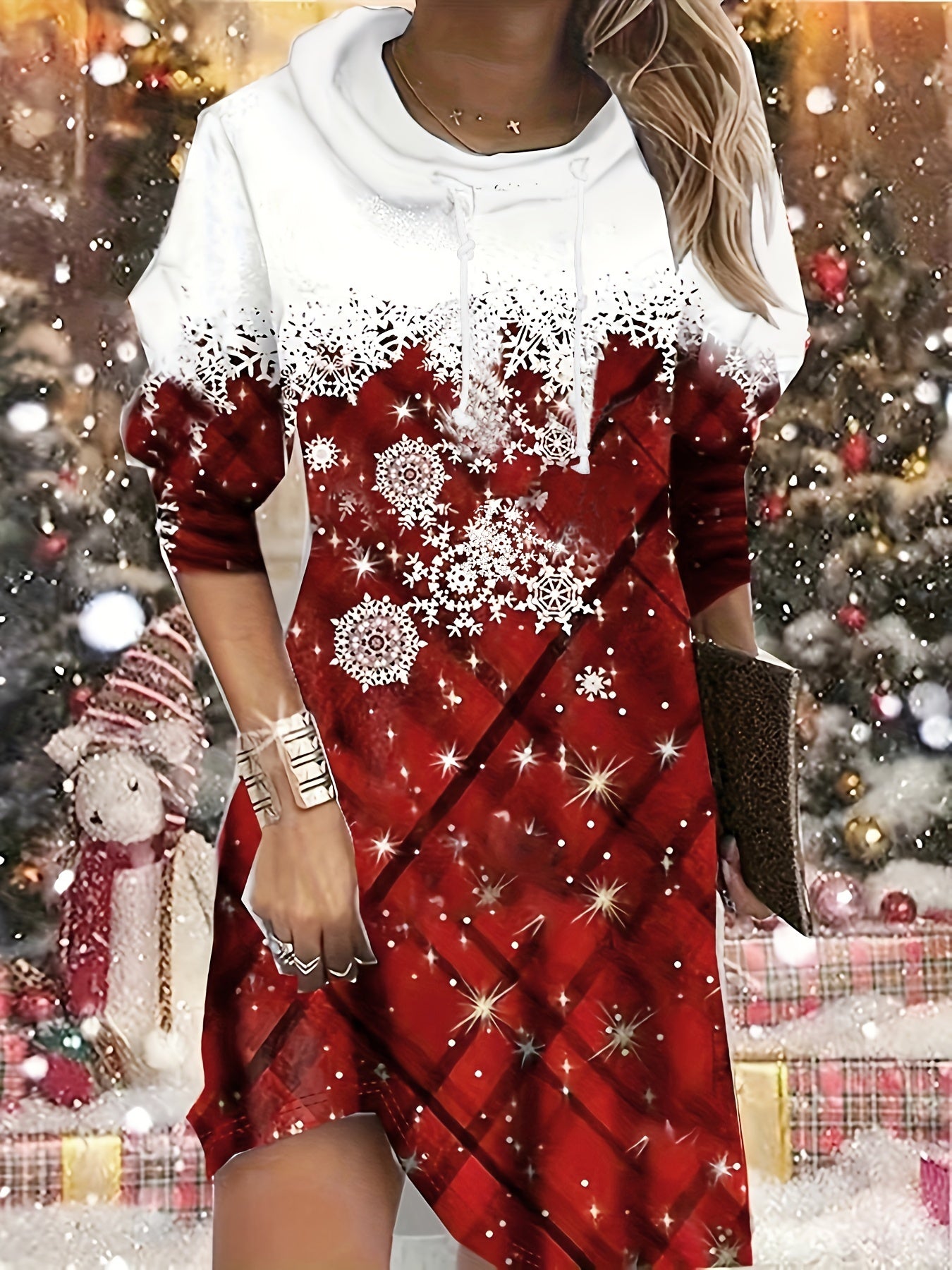 Colorblock Plaid & Snowflake Print Drawstring Dress