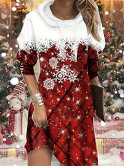 Colorblock Plaid & Snowflake Print Drawstring Dress