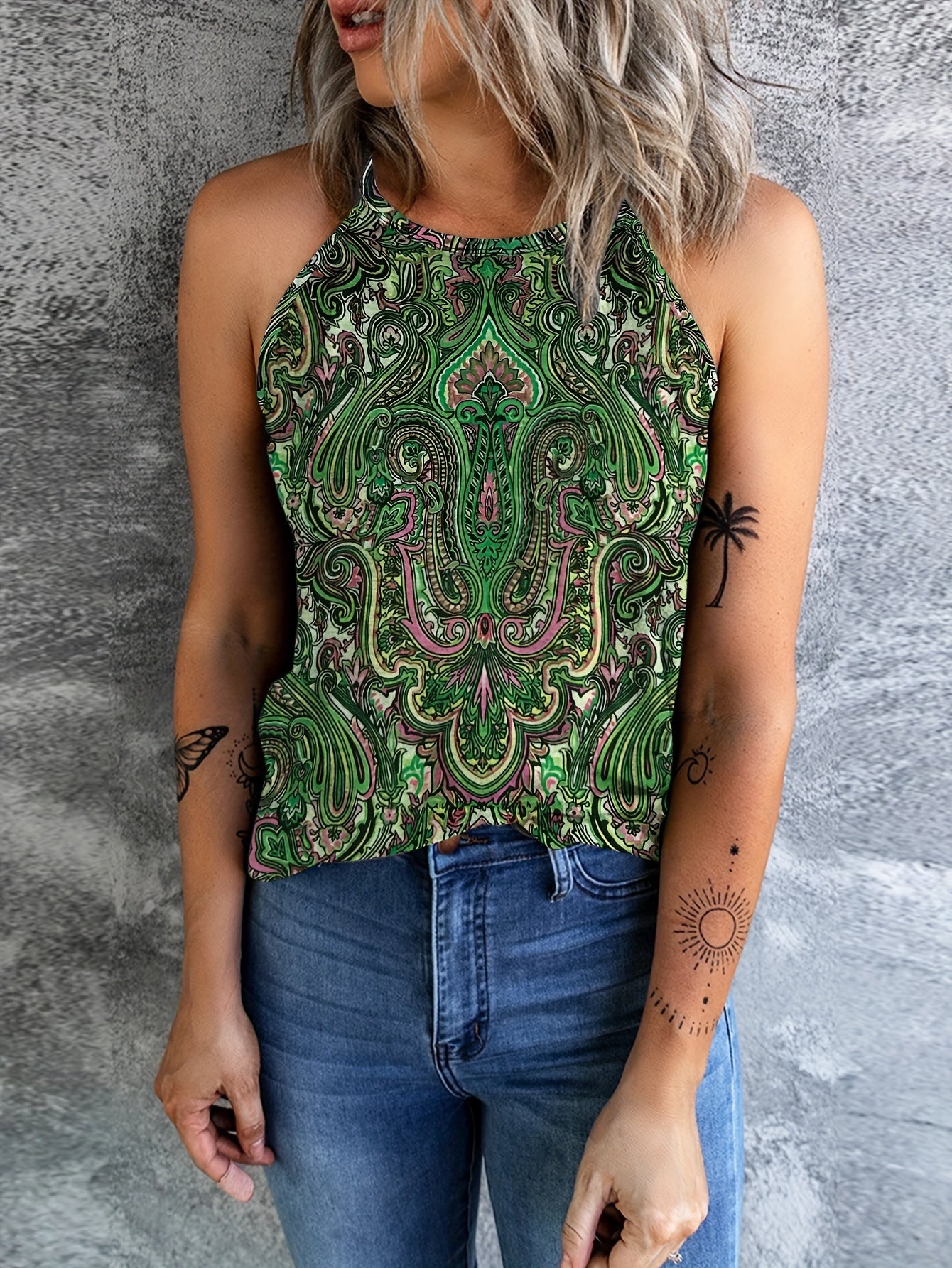Ethnic Print Sleeveless Top Casual Crew Neck Summer Top