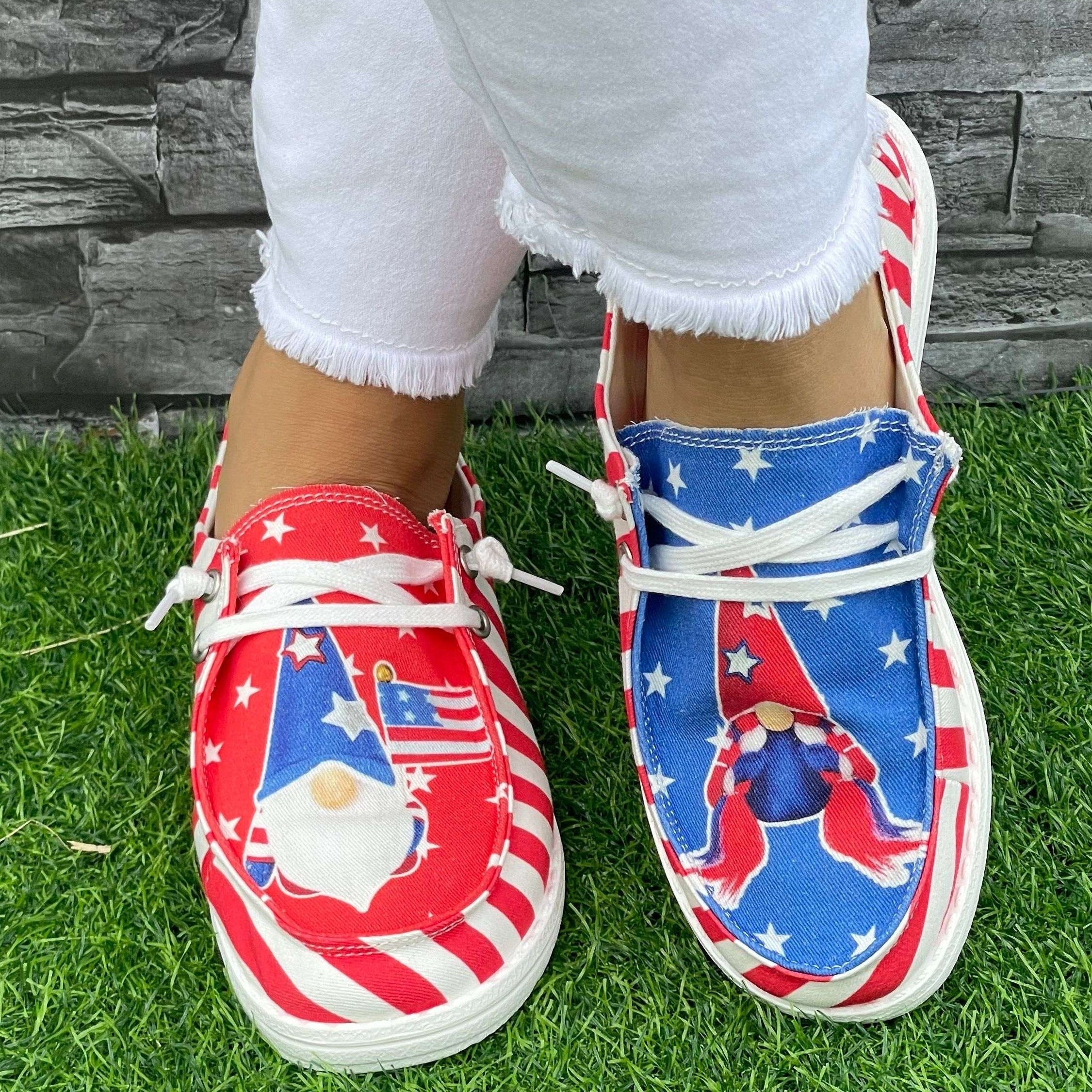 Red Striped Dwarf Pattern Flat Shoes Women's Lightweight Casual Breathable Sport