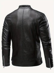 PU Biker Jacket Men's Casual Pockets Zip Up Stand Collar Faux Leather Jacket