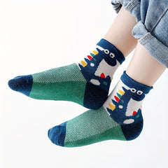 5pairs Boys Kids Cotton Blend Dinosaur Crew Socks Breathable Spring Summer