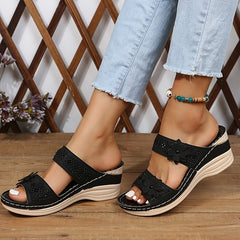 Flower & Rhinestone Wedge Slippers Open Toe Non Slip Arch Support Sandals