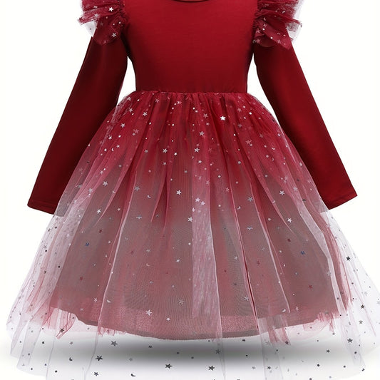 Girls' Starry Sky Princess Dress Long Sleeve Fairy Dress Christmas Tutu