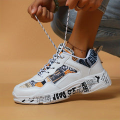 Retro Letter Print Skate Shoes Lace Up Thick Sole Casual Sneakers