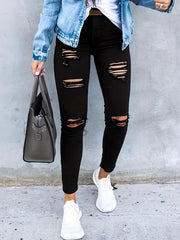 Ripped Holes Skinny Jeans Slim Fit Slash Pockets Slight Stretch Casual Denim Pan