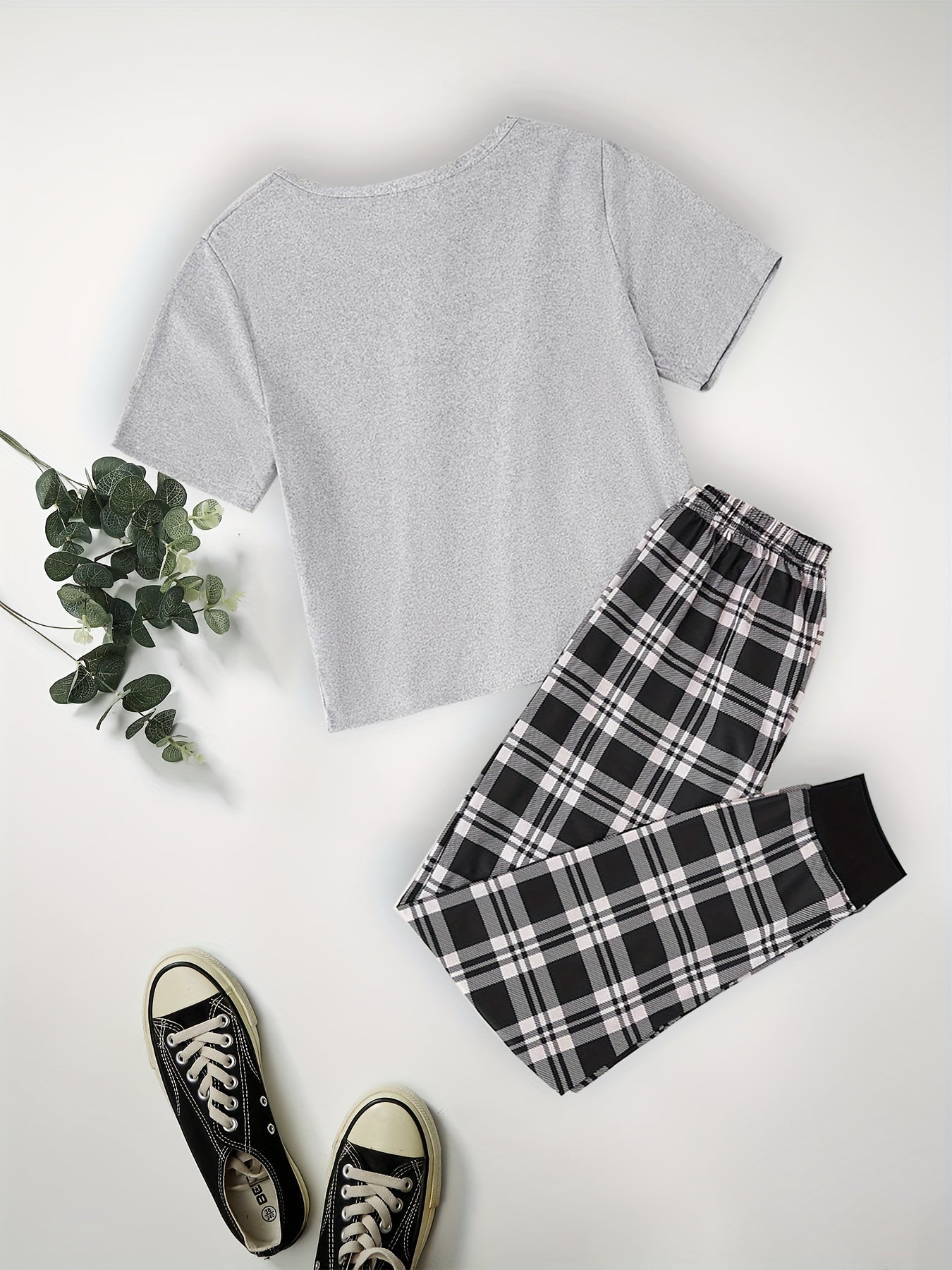 Ice Cream & Plaid Pajama Set Short Sleeve Crew Neck Top & Pants