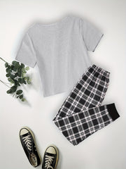 Ice Cream & Plaid Pajama Set Short Sleeve Crew Neck Top & Pants