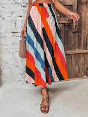 Striped Pleated Maxi Skirt Vintage Elastic Waist Skirt