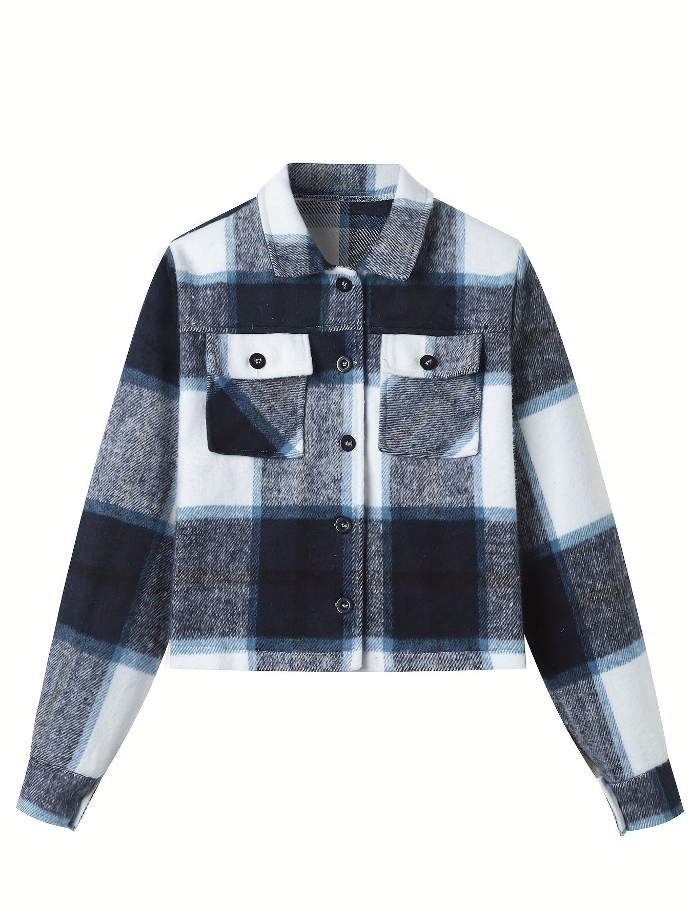 Plaid Trucker Jacket with Flap Pockets for Women