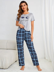 Letter Print Pajamas Set Short Sleeve Top & Plaid Pants
