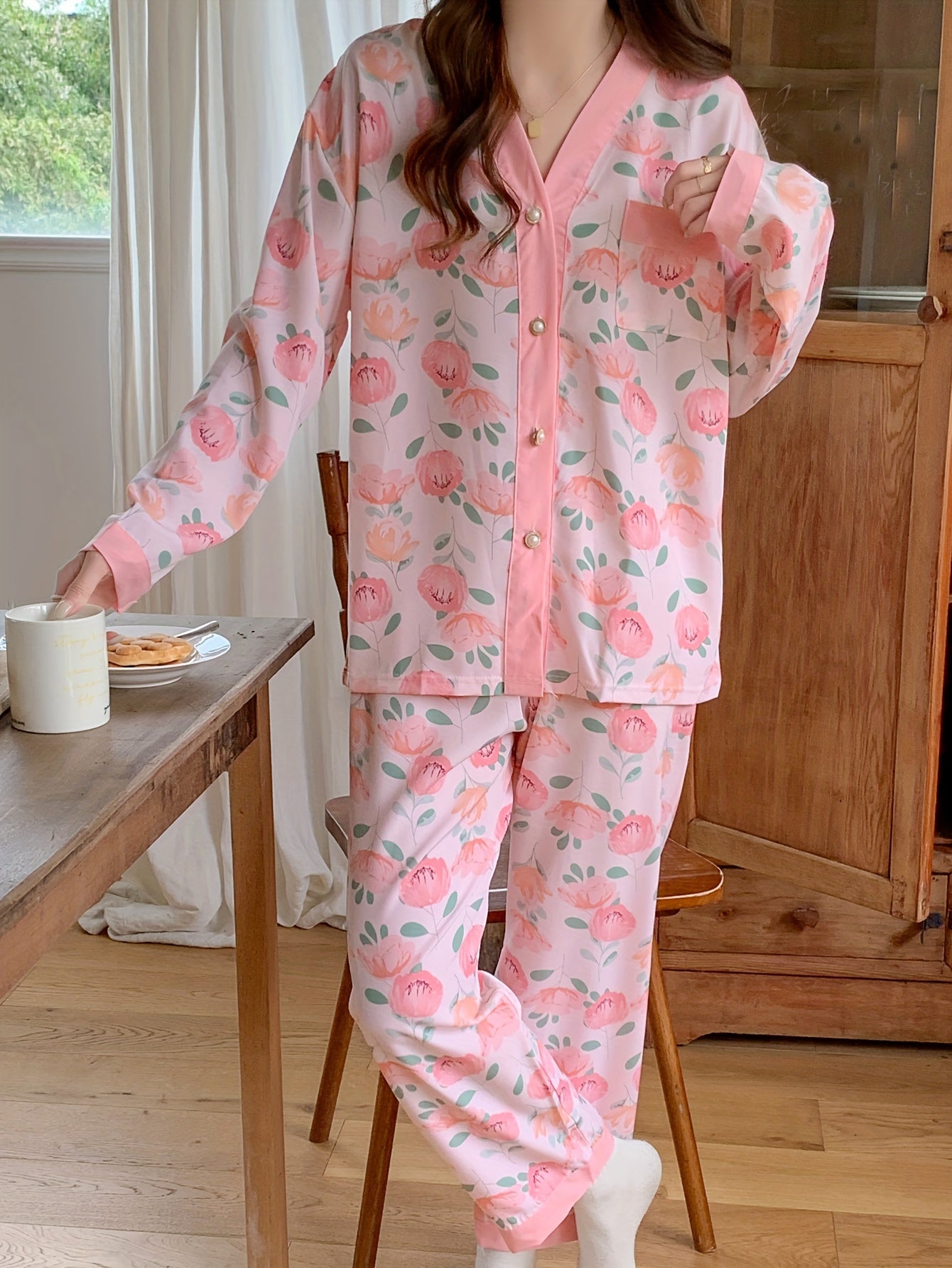 Floral Print Pajama Set Long Sleeve Top & Pants Women's Sleepwear