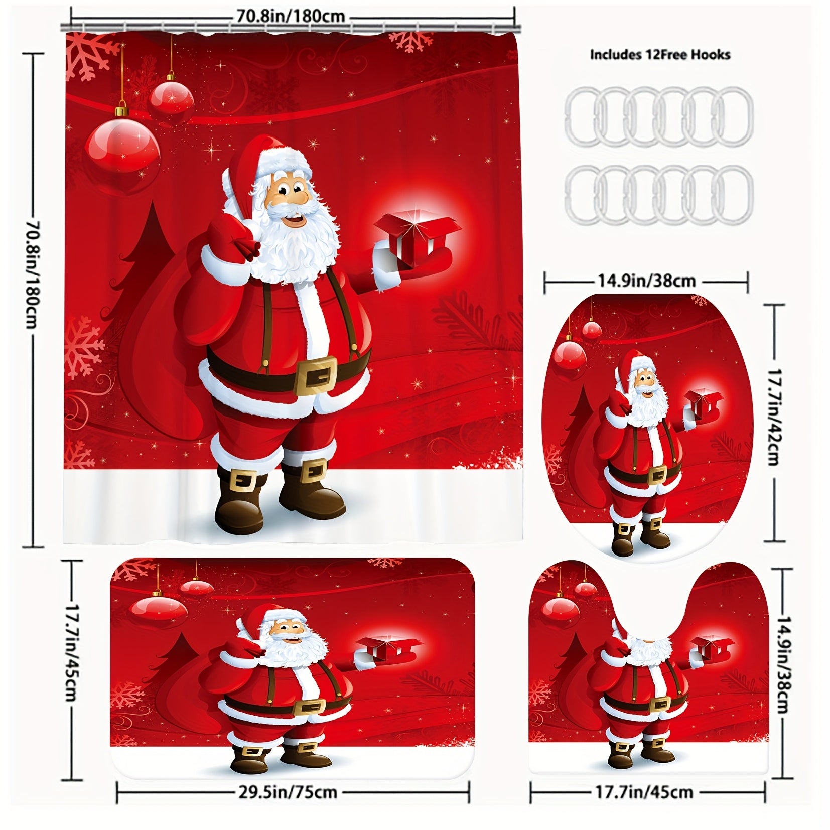 Santa Claus Christmas Bathroom Set with Shower Curtain and Rug
