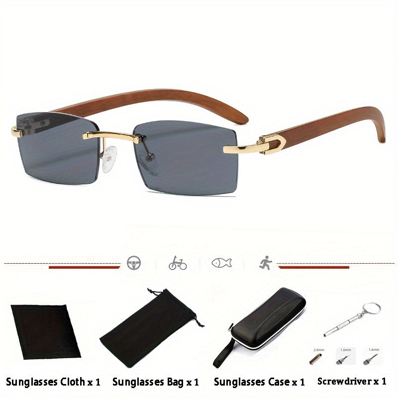 Men's Punk Rimless Rectangle Sunglasses Vintage Small Frame Sun Glasses