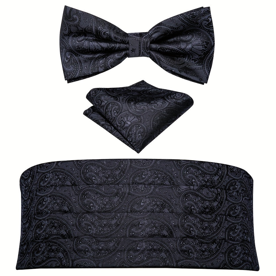 Barry Wang Men's Cummerbund Bowtie Set Silk Paisley Floral Pre-tied
