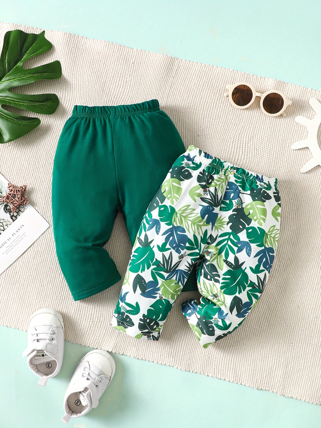2pcs Baby Boy Green Plant Printed Leggings Cotton Trousers