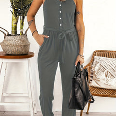 Button Up V Neck Belted Jumpsuit