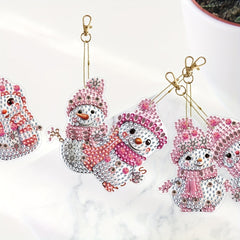 6pcs DIY Christmas Diamond Painting Keychain Pink Snowman Art Mosaic