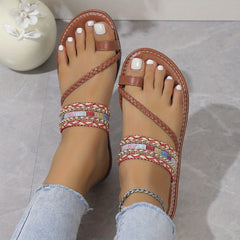 Boho Style Toe Loop Flat Slides Beach Sandals