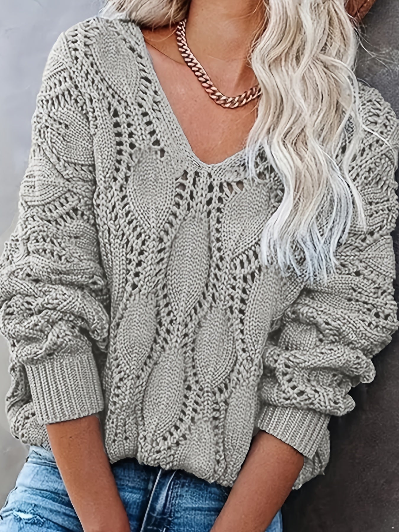 Casual Sweater Women's Plus Solid Hollow Out V Neck