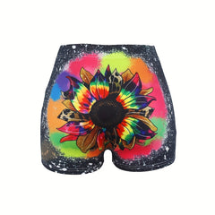 Sunflower Print Skinny Shorts for Women