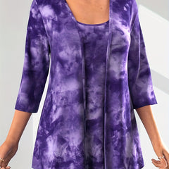 Plus Tie Dye Top & Cardigan Set Women's Plus Size Casual Outfits