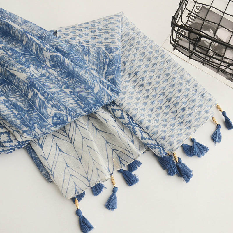 Boho Tassel Scarf Floral Print Linen Shawl Windproof Head Wrap