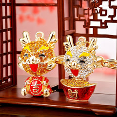 Chinese Dragon Car Key Chain Metal Bag Pendant Keychain Rhinestone Decor